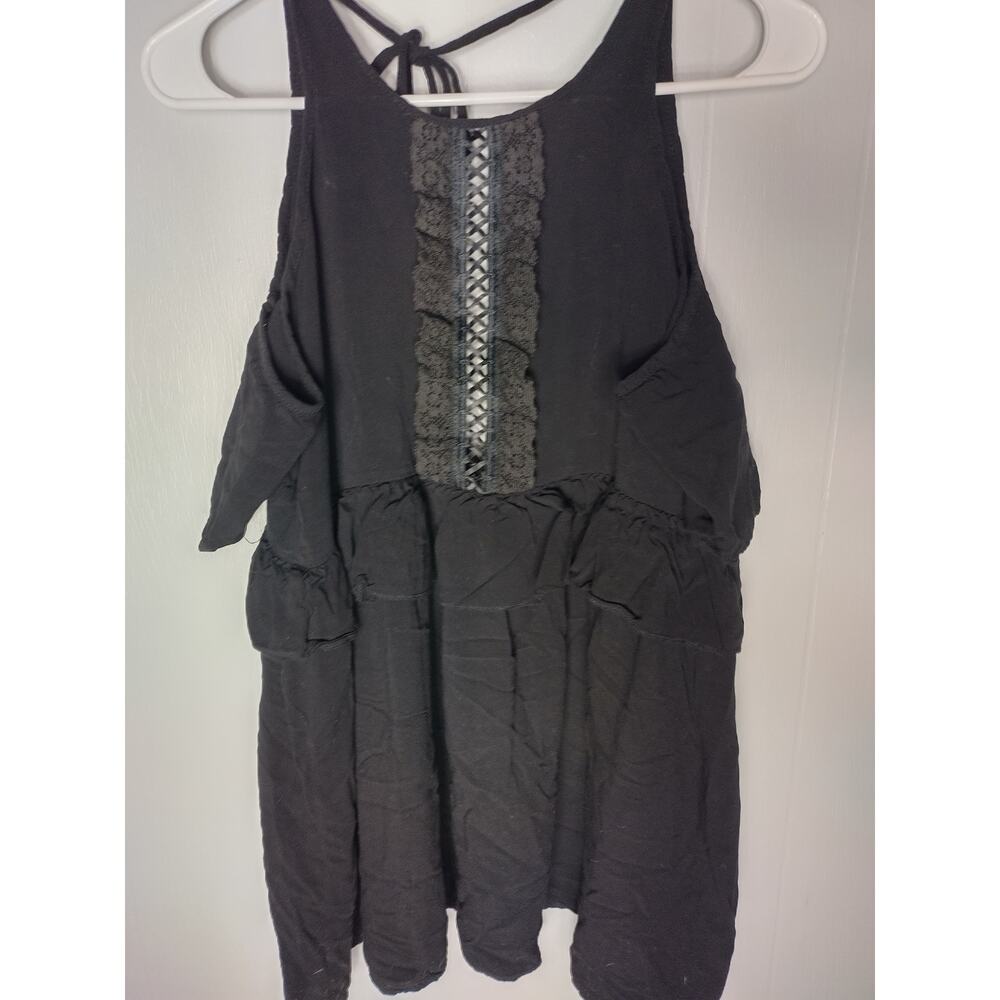 RP4LF Lace Opening Black Women Blouse Cutoff Shoulder Sleeves V-Neck